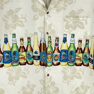 KY'S Hawaii Beer White‎ Cotton Poplin Men's Hawaiian Shirt 2XL Floral Bottles